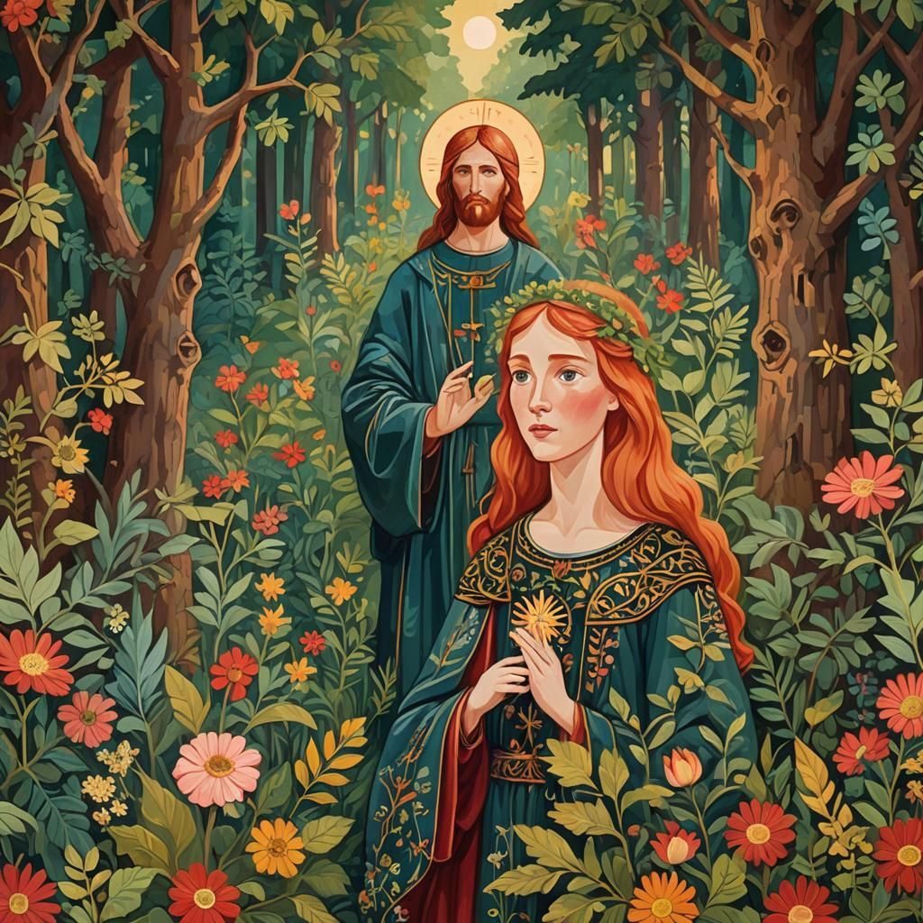 Jesus and Redhead in German Folk Art Style