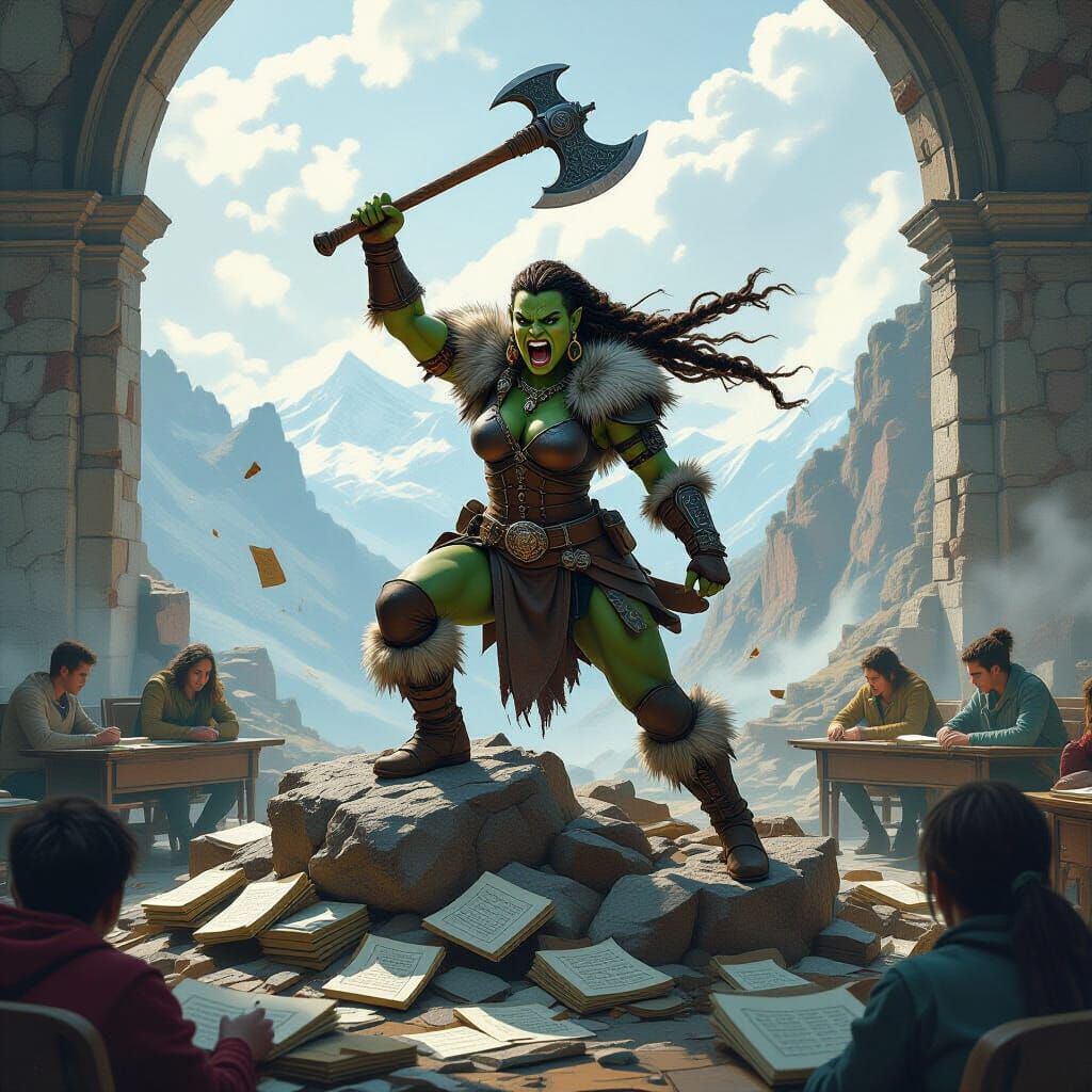 Victorious Orc Linguist in Cinematic Fantasy Style