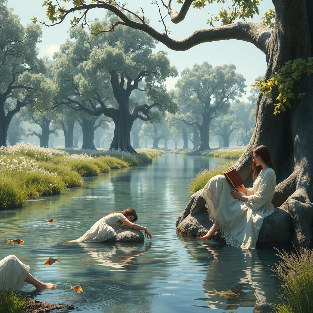 Ethereal Girls by River with Apple Trees