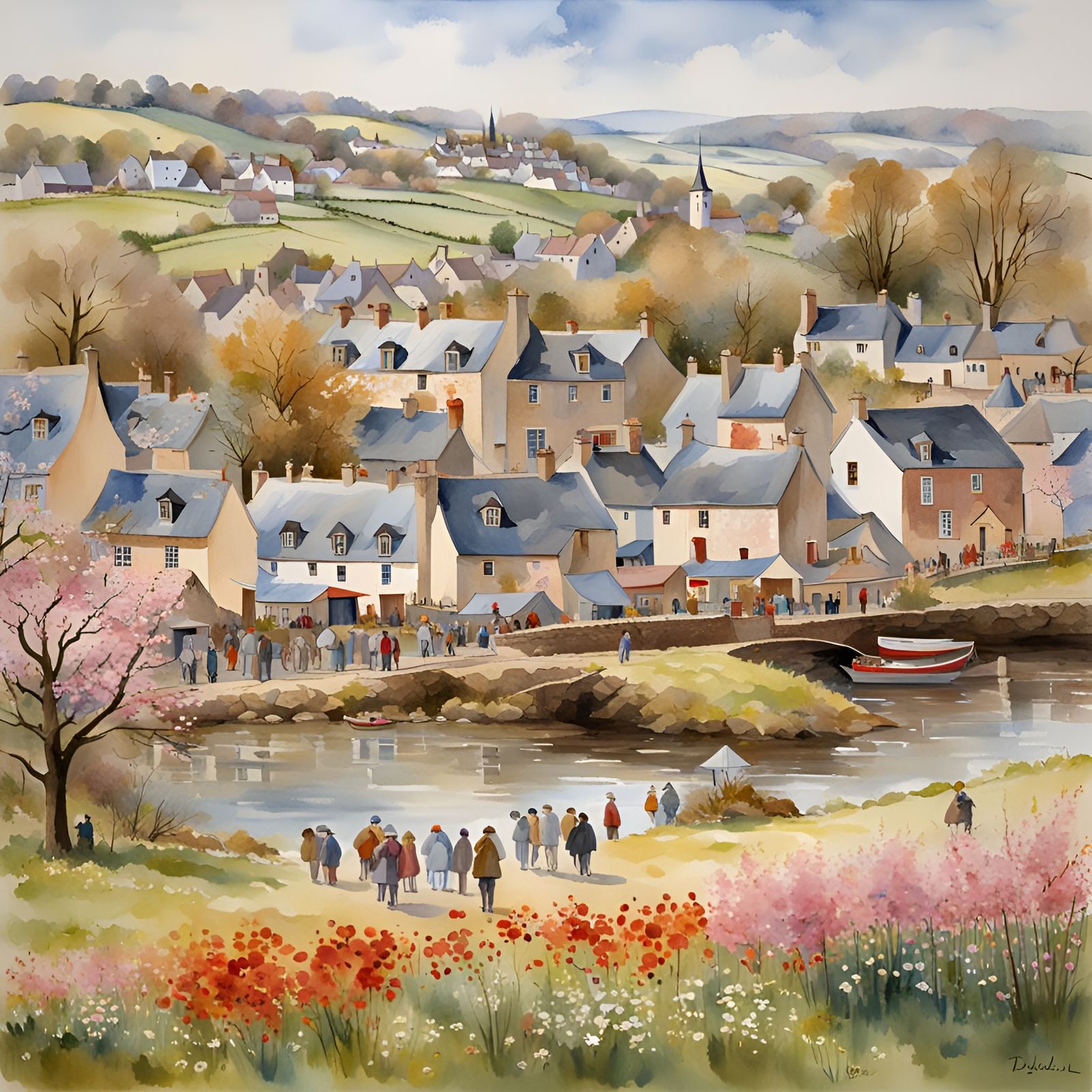 Brittany Spring Festival: Hudson River School Watercolor