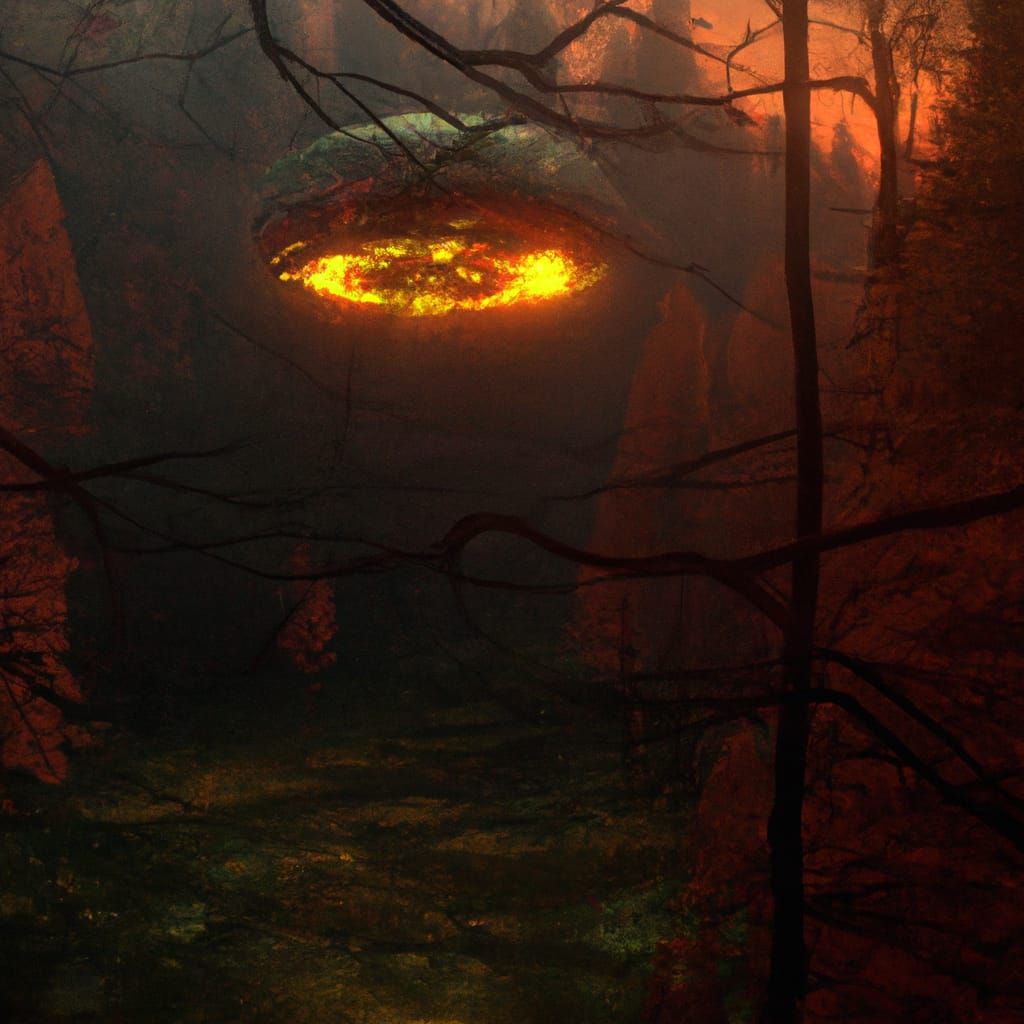 UFOs Invade Dystopian Forest with Red Lighting
