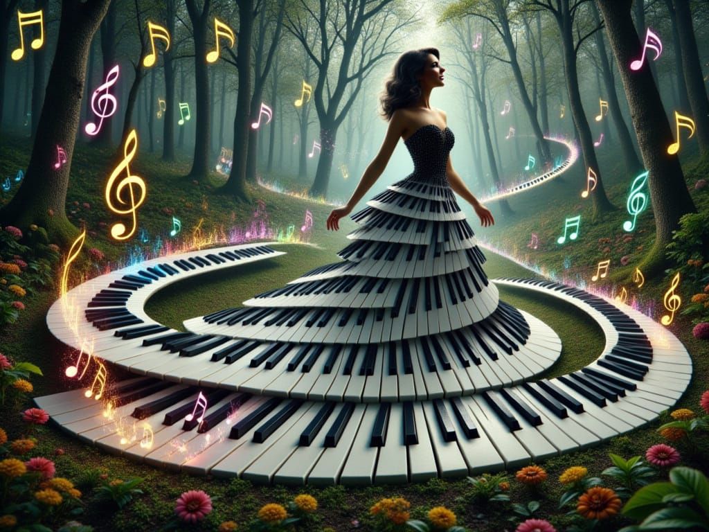 Enchanted Forest Piano Woman in Painterly Style