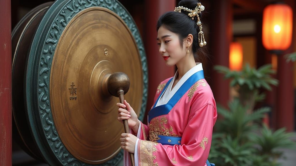 Asian Woman in Hanbok with Bronze Gong, Art Nouveau