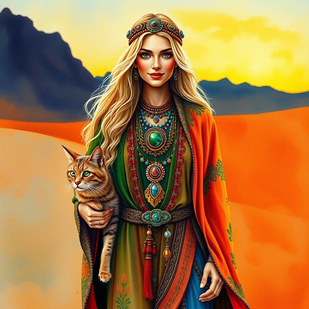 Bedouin Priestess Walking with Cat in Desert Landscape