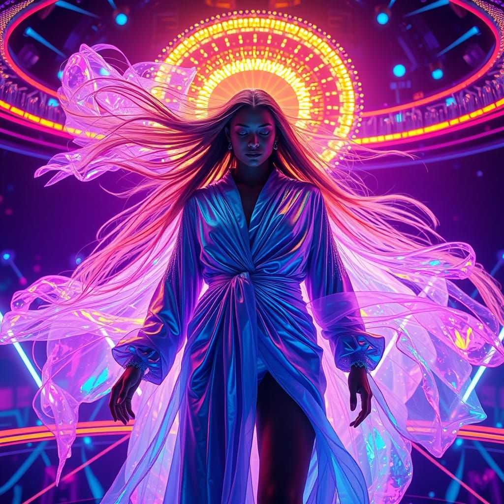 Futuristic Artist on Holographic Stage in Neon Lights