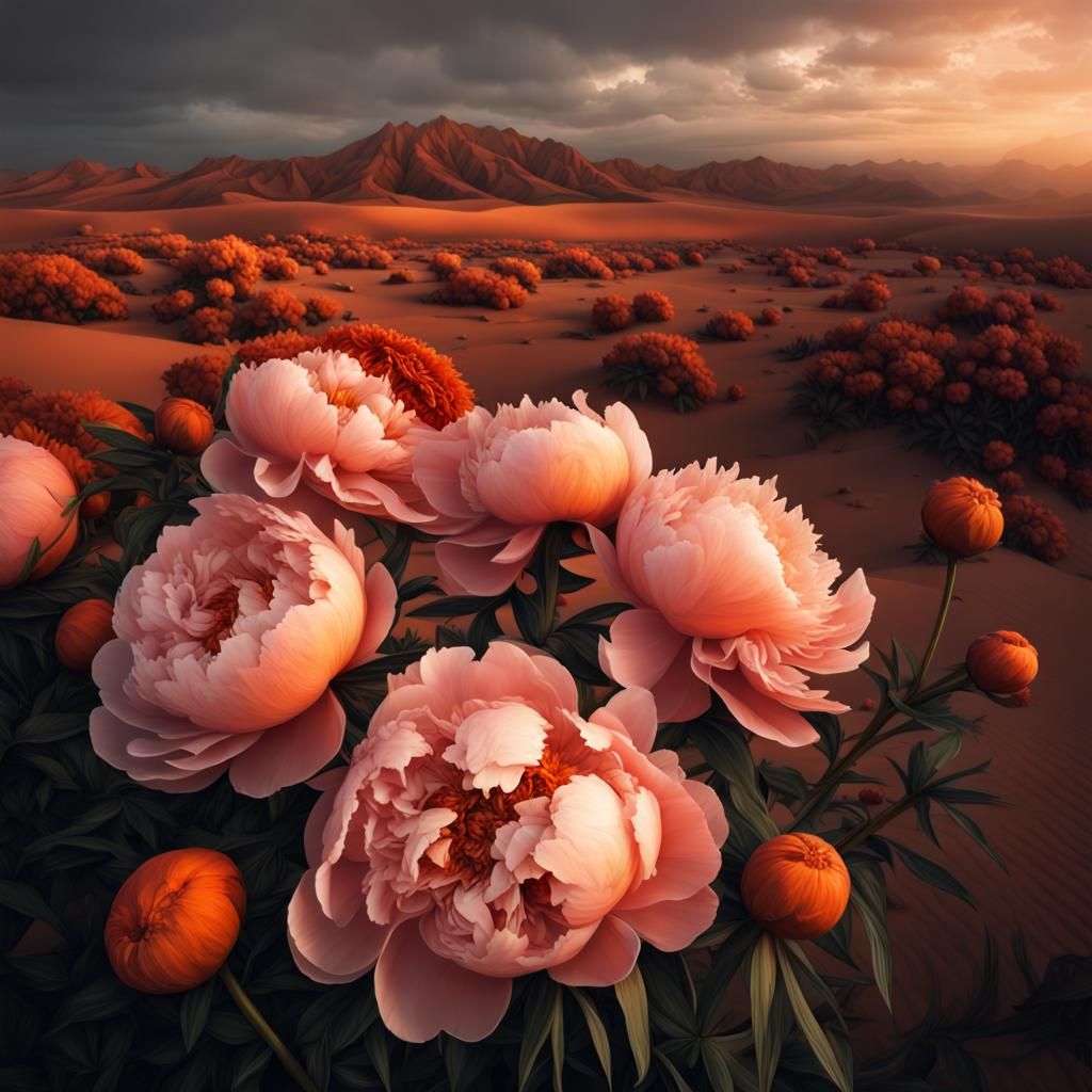 Peonies Bloom in Orange Desert: Hyperrealistic HDR