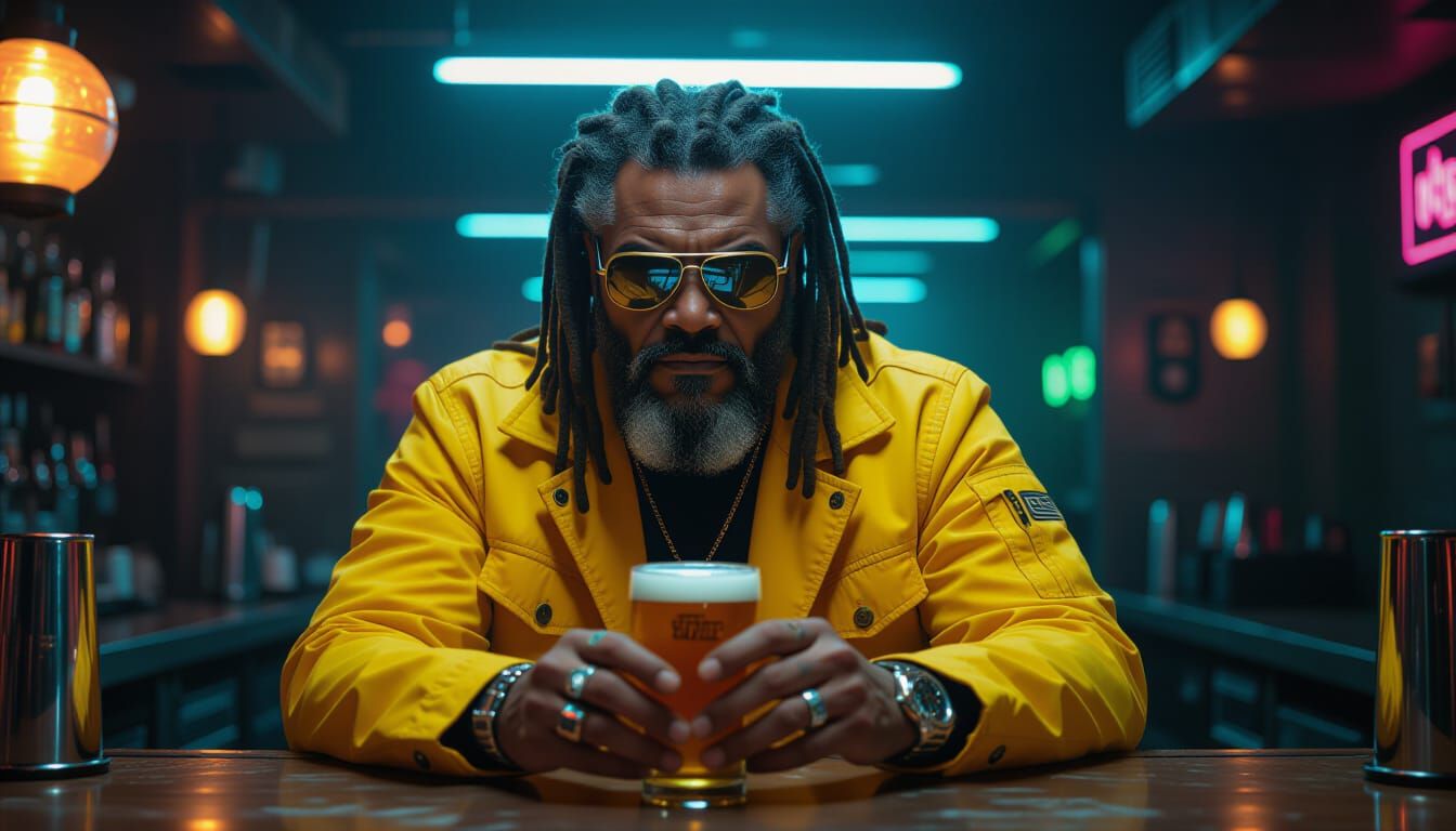 Cyberpunk Bartender in Gritty High-Tech Bar