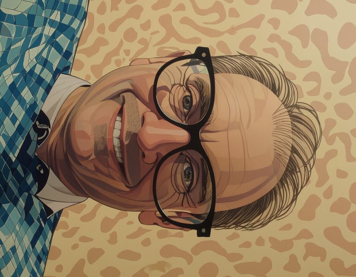 Man in Black Glasses Smiles Against Vibrant Abstract Backgro...