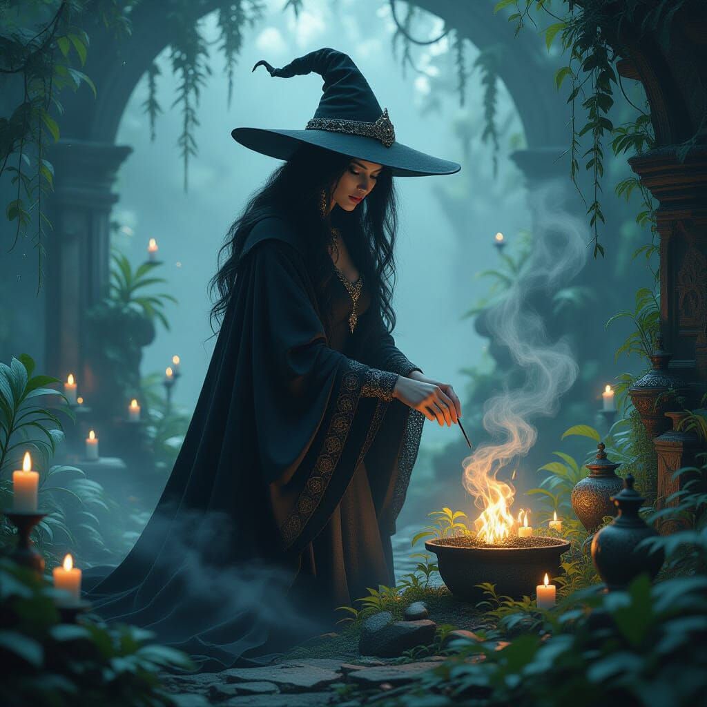 Mystical Woman in Eerie Garden with Twinkling Candles