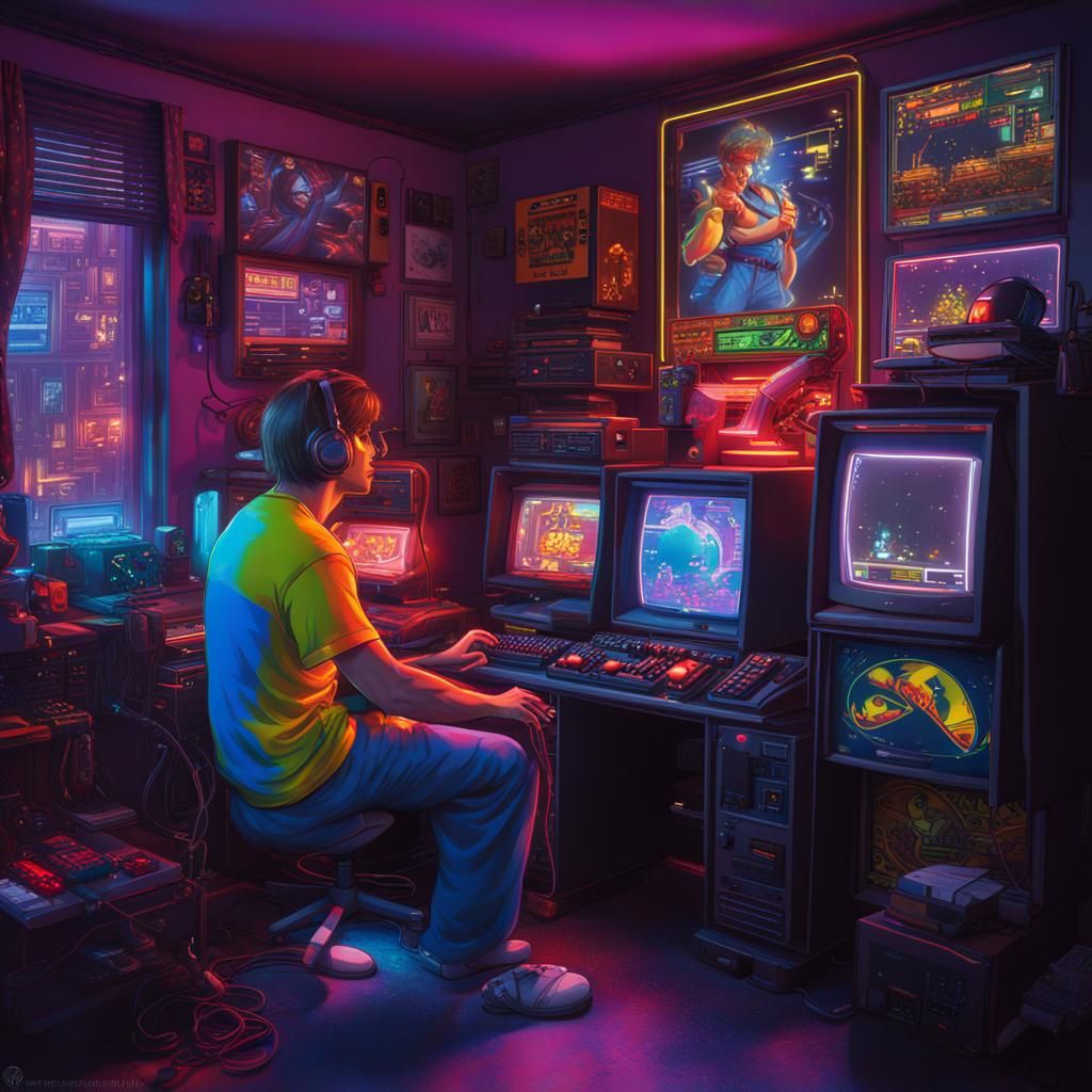 Retro 80s Computer Geek Bedroom in Neon Colors