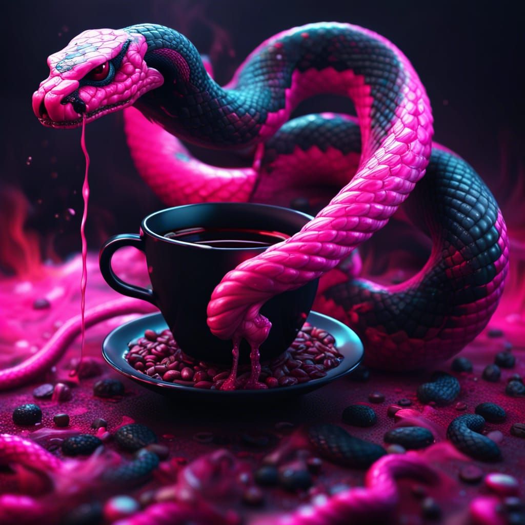 Magic Black Coffee with Snake: Detailed Fantasy Art