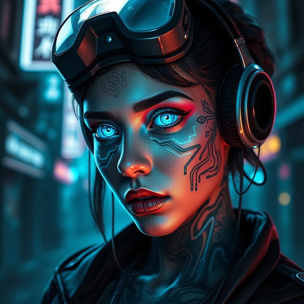 Surreal Cyberpunk Goddess in Neon-Lit Urban Wasteland