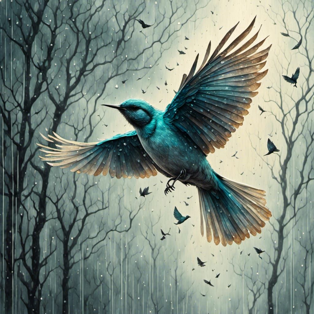 Bird Soaring Above Rainy Forest as Liquid Ink