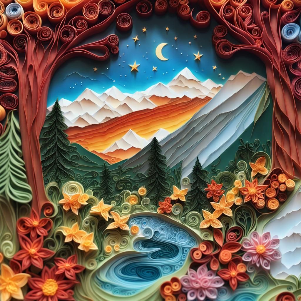 Vibrant Paper Quilling Landscape at Night