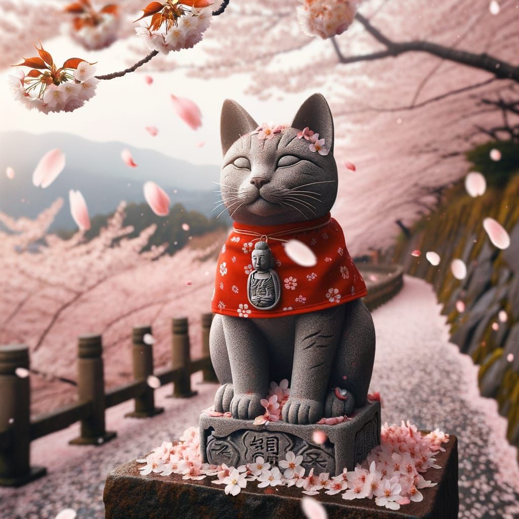 Cat Jizo Statue with Cherry Blossoms