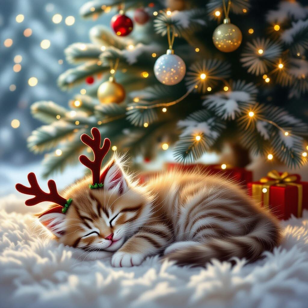 Fluffy Kitten Sleeps Under Sparkling Christmas Tree
