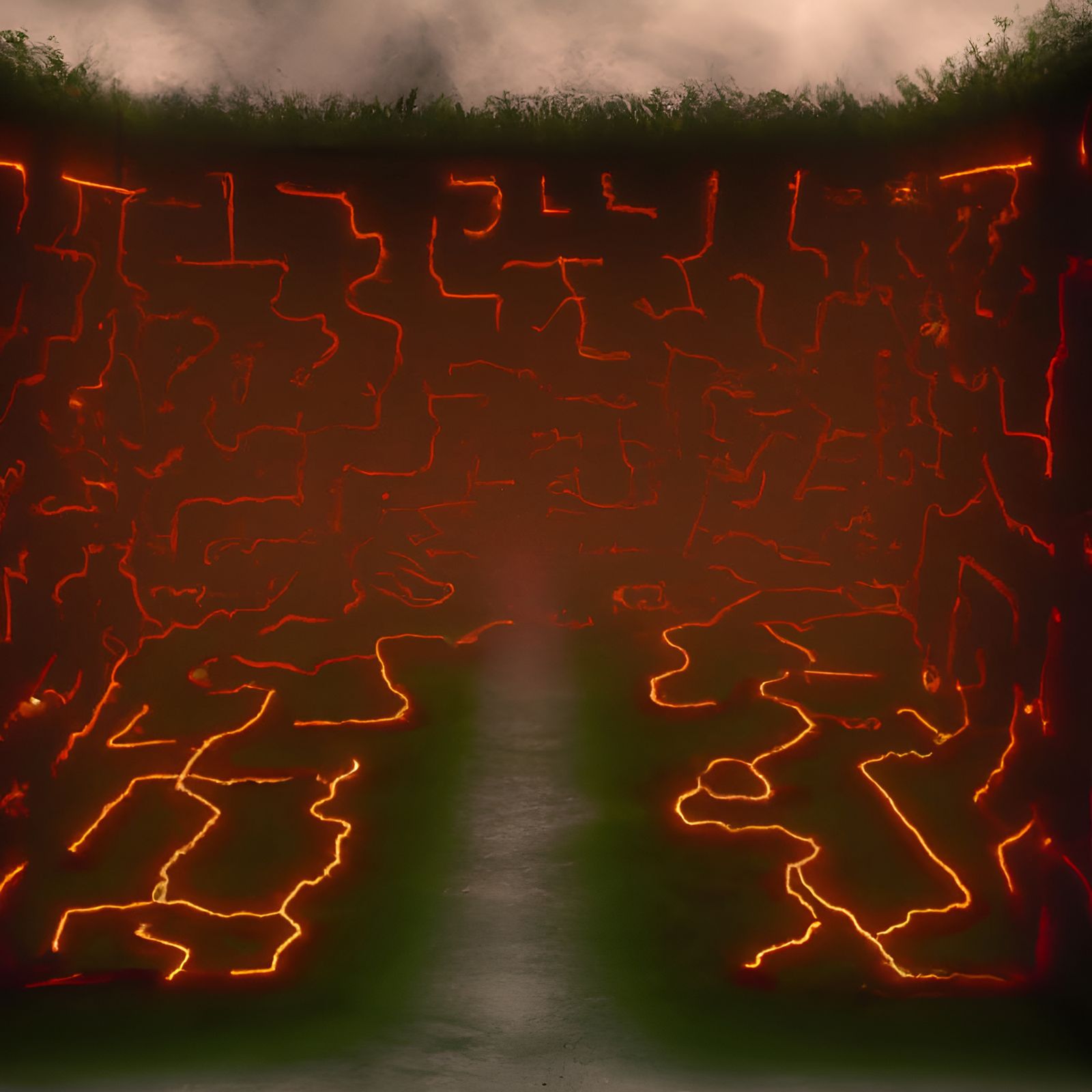 Burning Hedge Maze Landscape in Pointillist Style