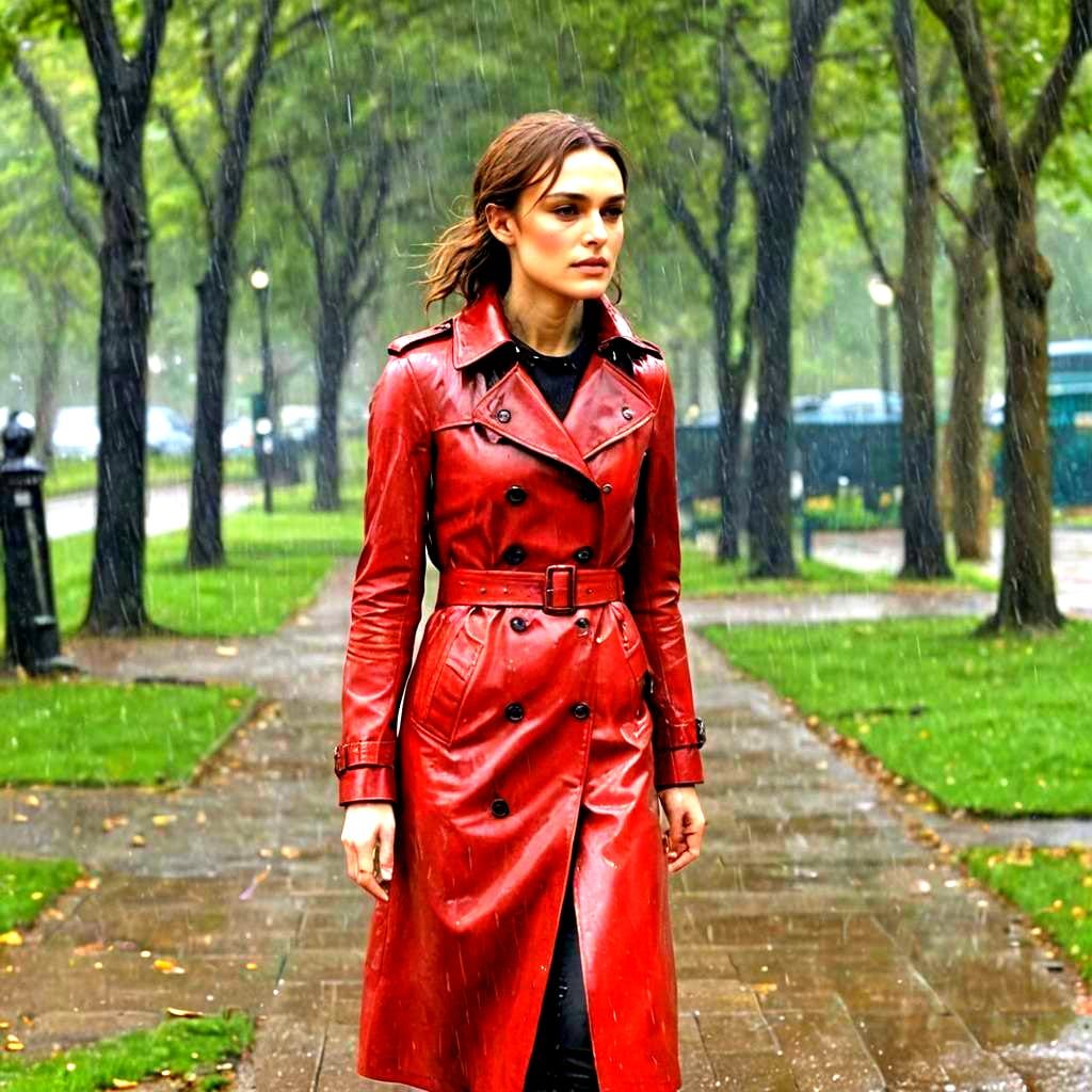 Woman in Red Coat in Rainy London Park