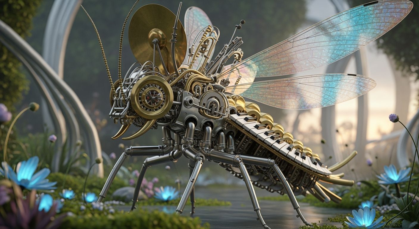 Biomechanical Insectoid Crafted from Musical Instruments