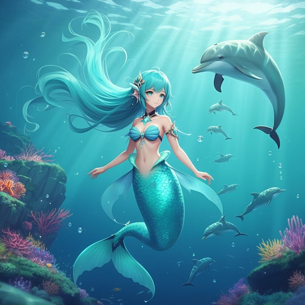 Turquoise Mermaid in Crystal Ocean, Anime Style