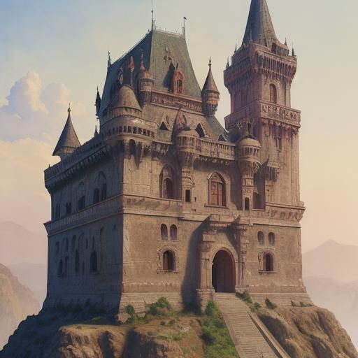 Ancient Castle: Detailed Watercolor Painting on Sunny Day