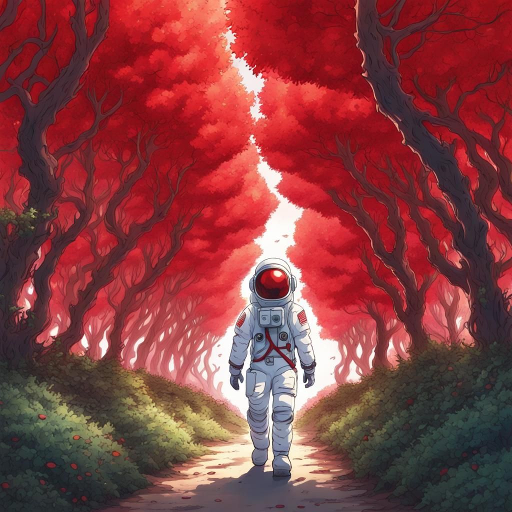 Astronaut in Red Vine Forest: Anime Style