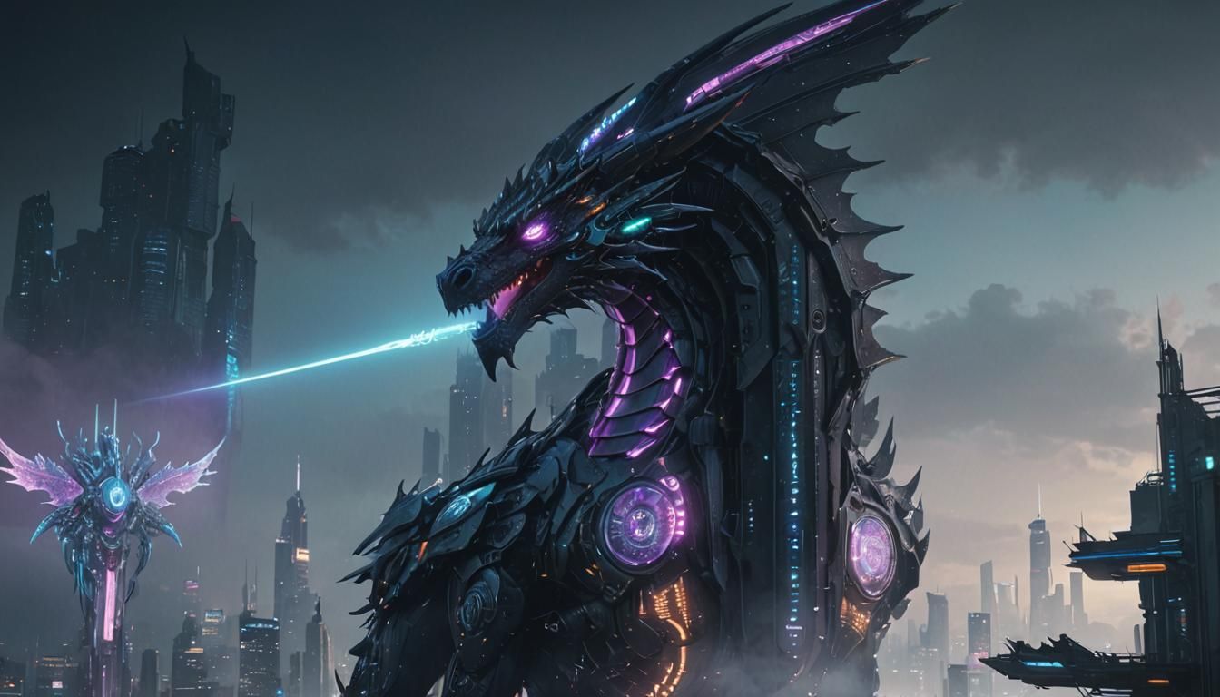 Cyberpunk Dragon Amidst Futuristic Cityscape