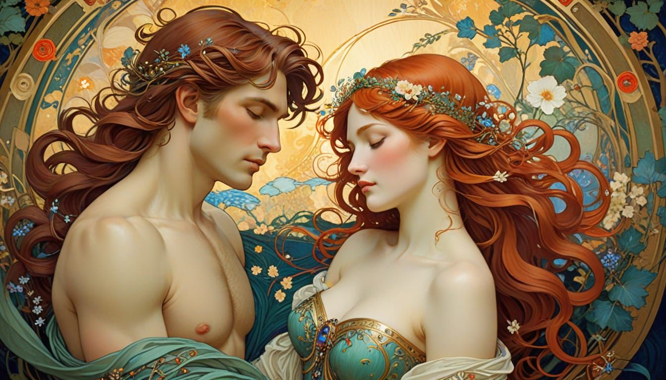 Romantic Art Nouveau Couple in Intimate Embrace