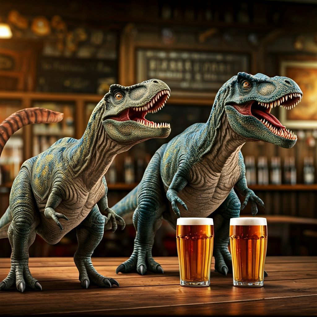 Dinosaurs Enjoying an Evening at the Beer Bar