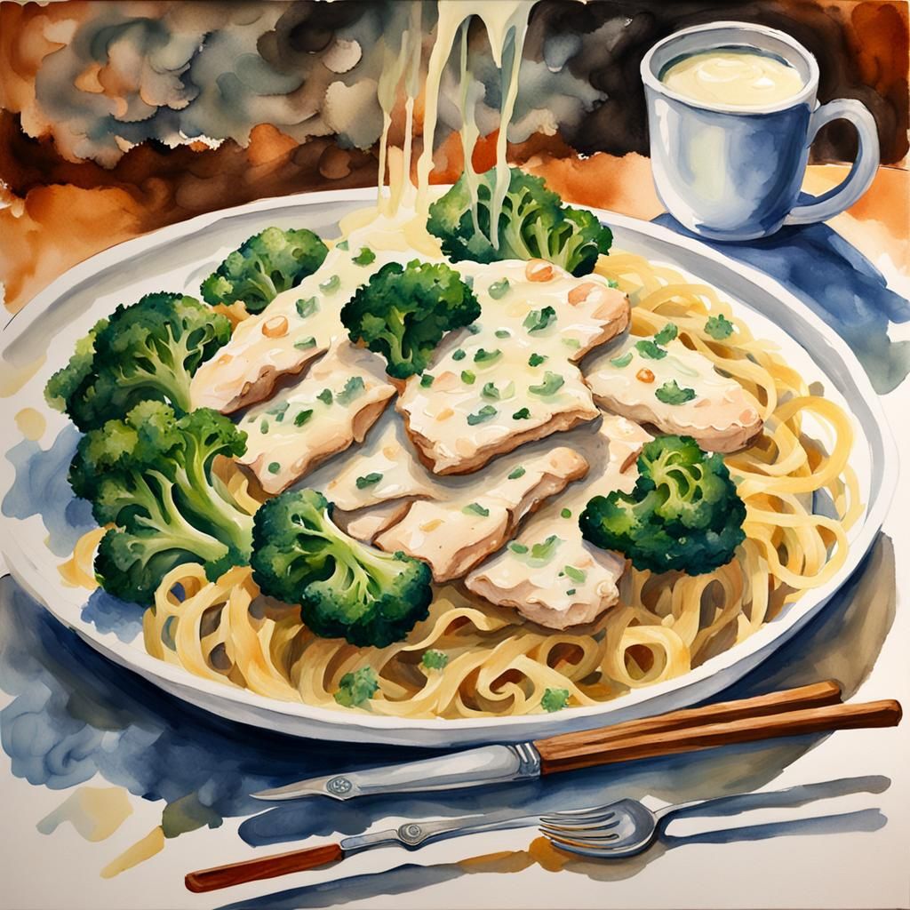Appetizing Chicken Alfredo in Gouache Style