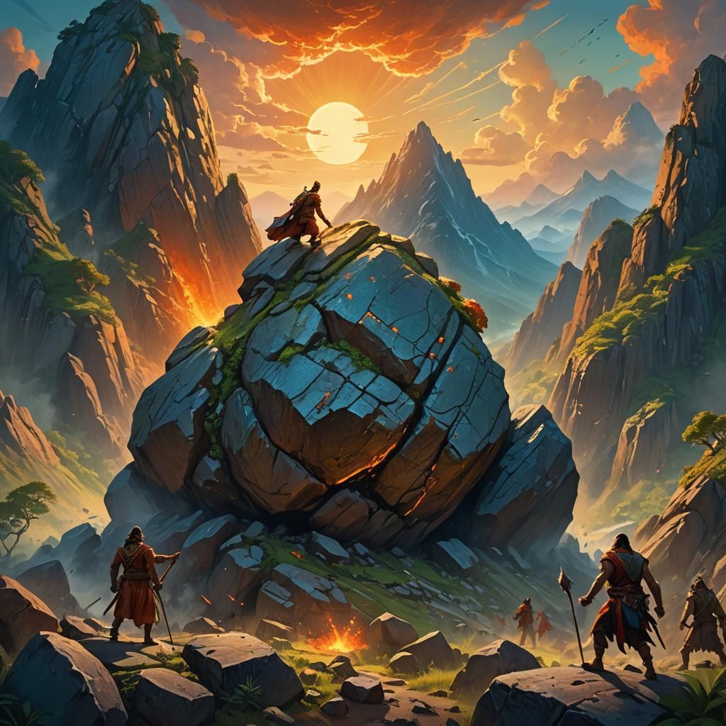 Sisyphus Pushing Boulder Up Mystic Mountain