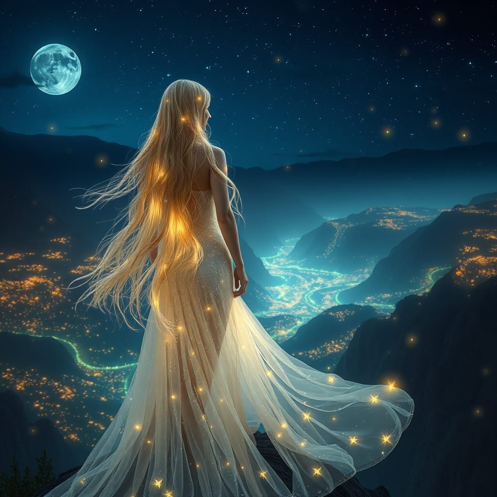 Woman in Starlight Hair Stands on Cliff Amidst Bioluminescen...