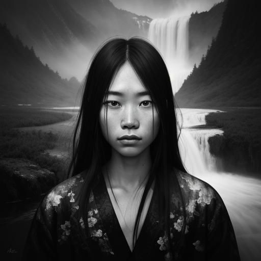 Emotional China Mountain Waterfall in Ink Style