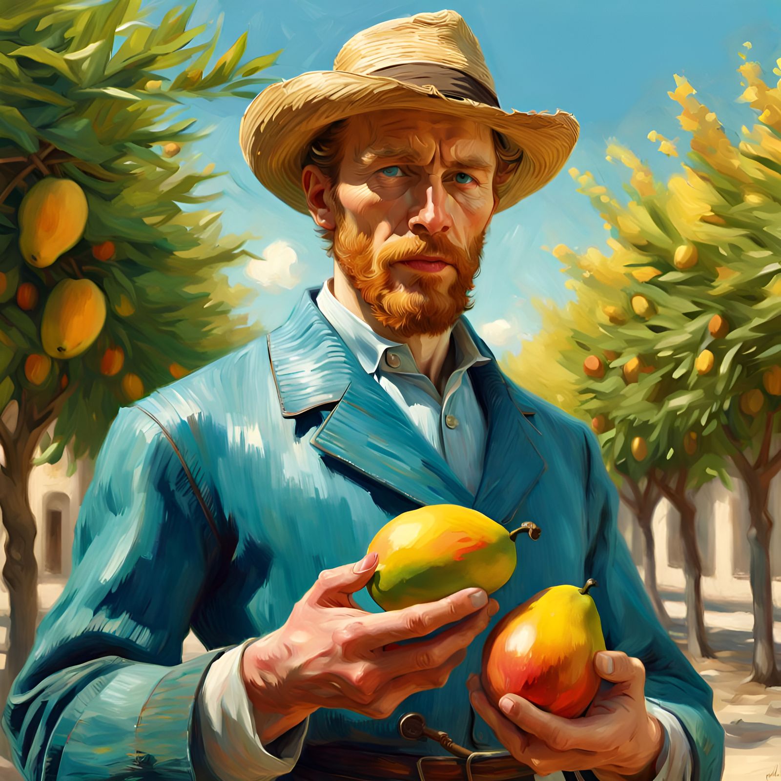 Man Holding Mango in Pin-Up Art Style