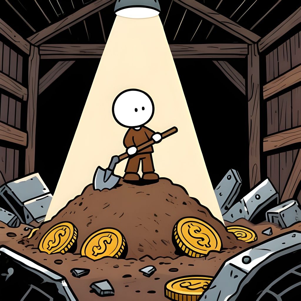 Cartoon Figure With Shovel on Coin Mound in Warehouse