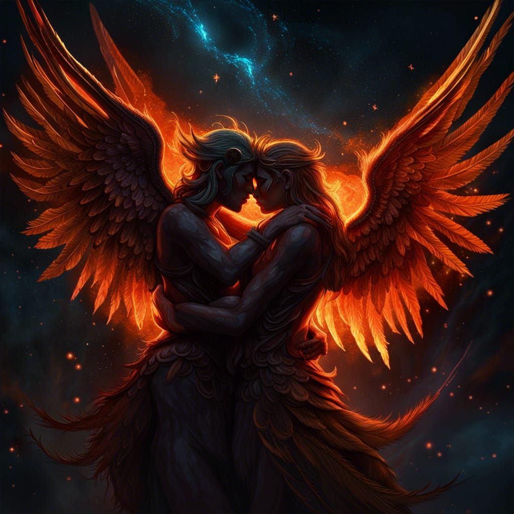 Passionate Embrace of Winged Figures in Dark Fantasy