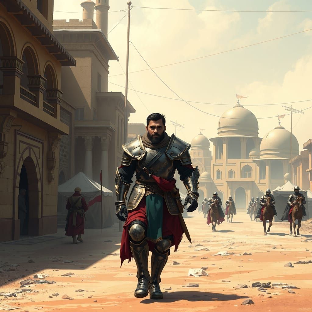 Armored Warrior in Ancient City, Sci-Fi Concept Art