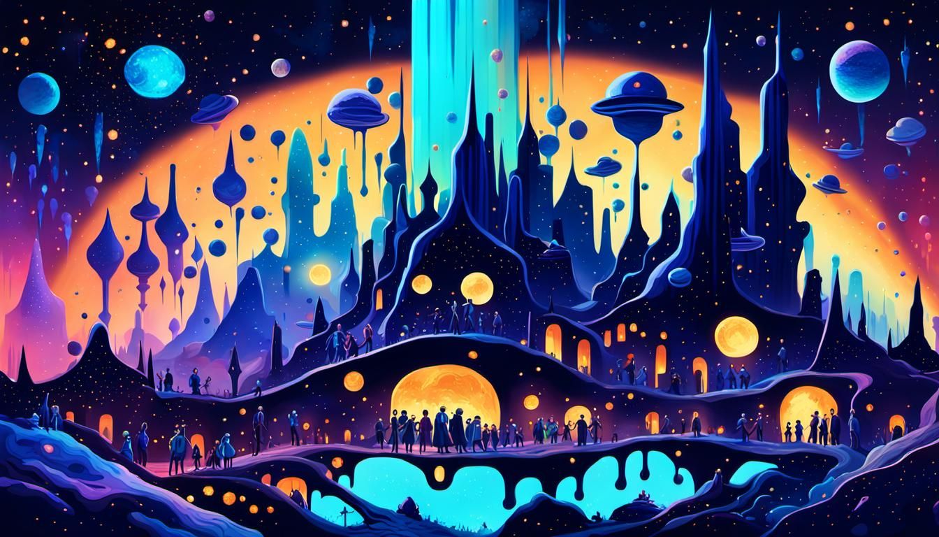 Alien Metropolis with Star Citizens in Surrealist Style