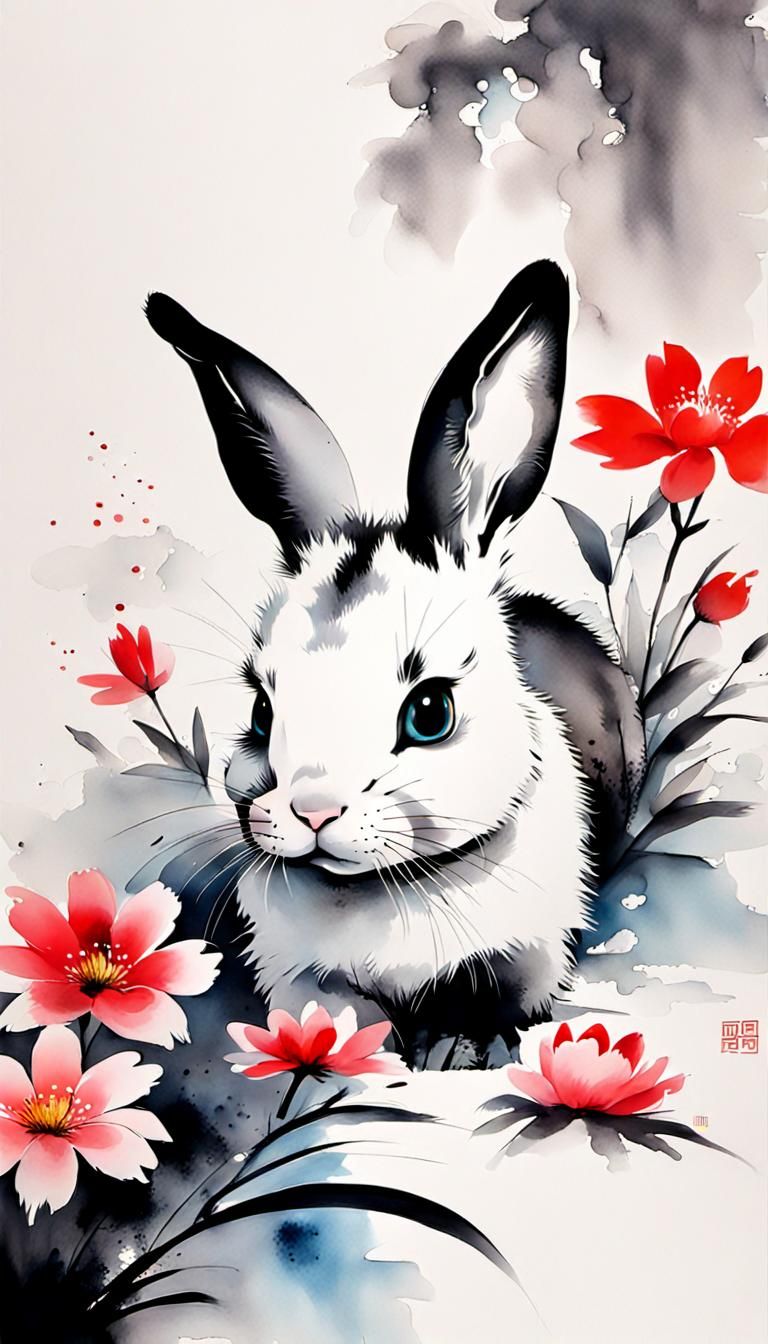 Minimalist Chinese Ink Painting of Rabbit and Kitten