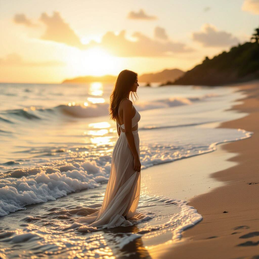 Woman Silhouetted on Beach at Golden Hour