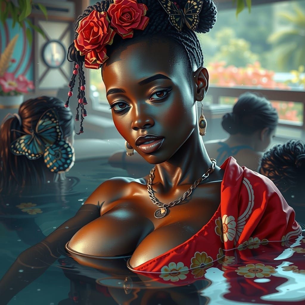 African Woman in Japanese Hotspring, Hyperrealistic Style
