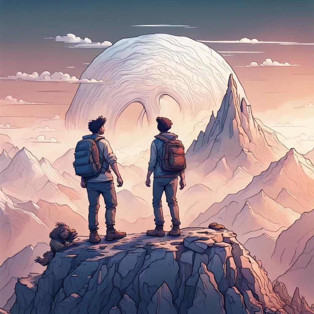 Laughing Friends on a Mountain in Line Art