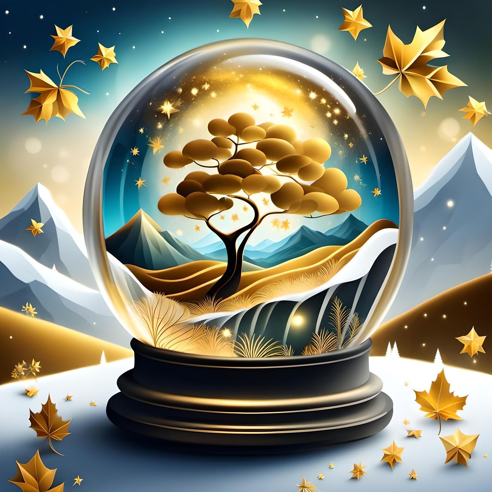 Golden Leaves and Stars in Crystal Snow Globe