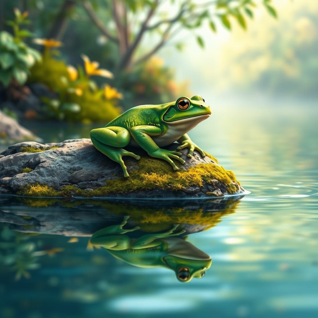 Serene Green Frog in Whimsical Watercolor Style