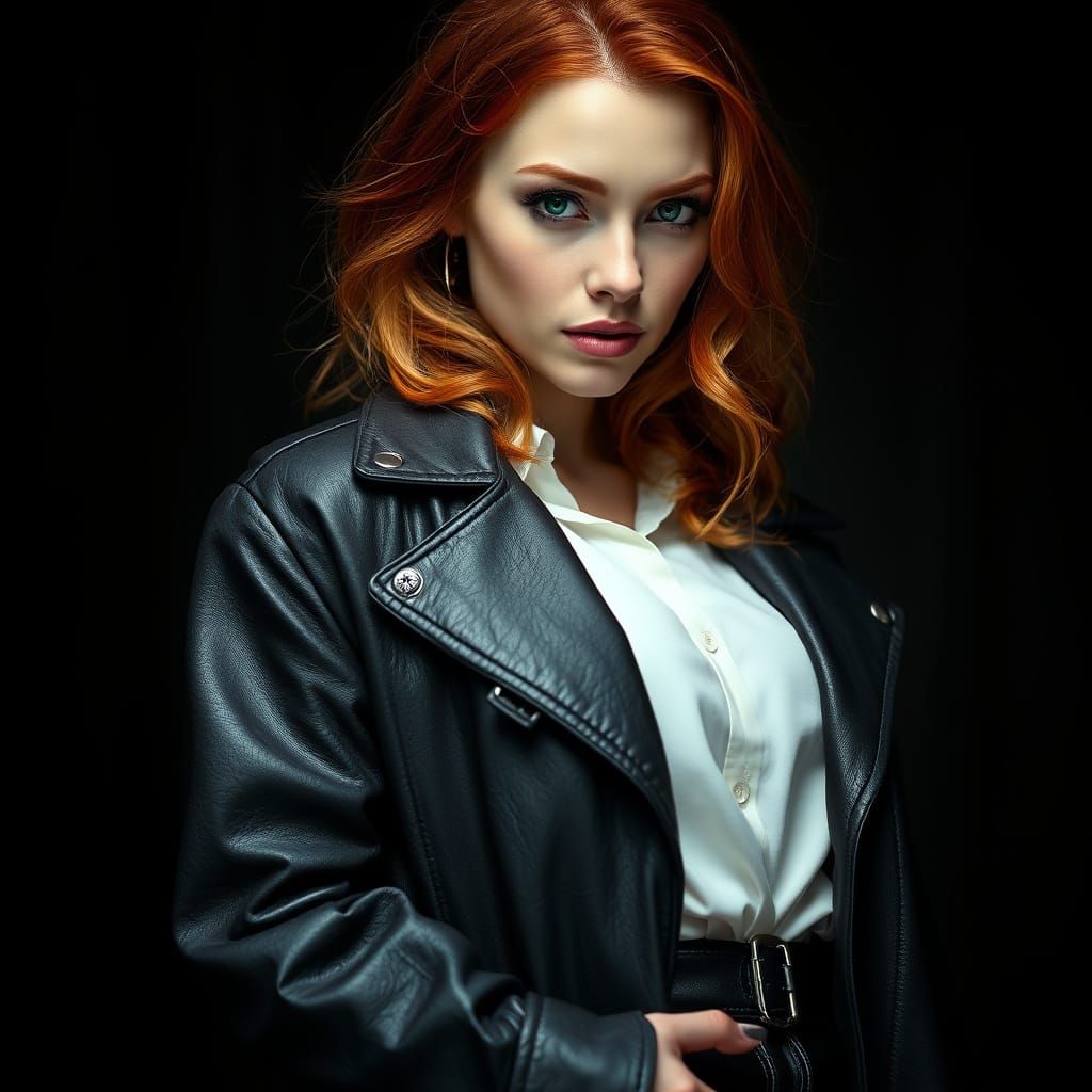 Moody Portrait of a Redhead Woman in Leather Attire