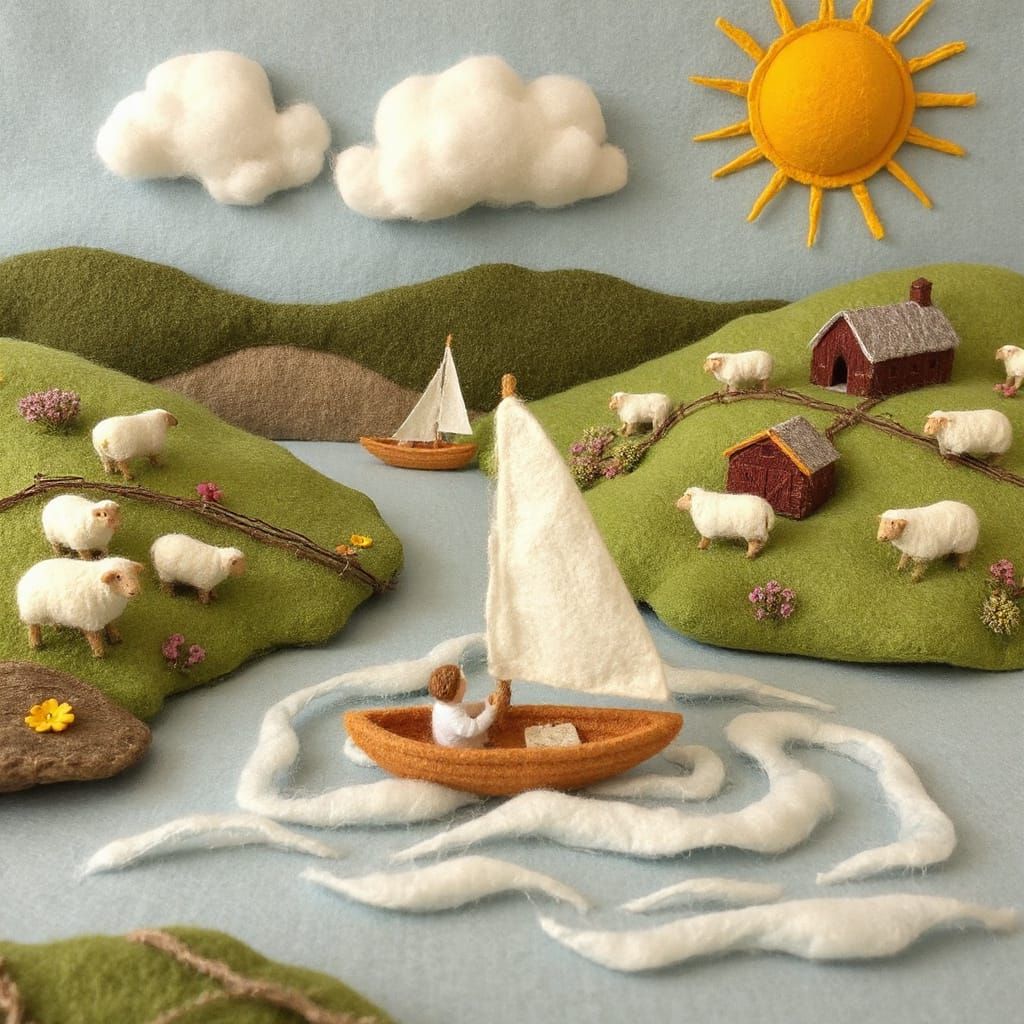 Felted Sailboats and Sheep in Pastoral Landscape