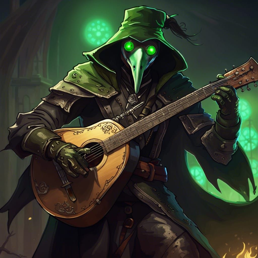 Plague Doctor Bard Plays Guitar in Dark Fantasy