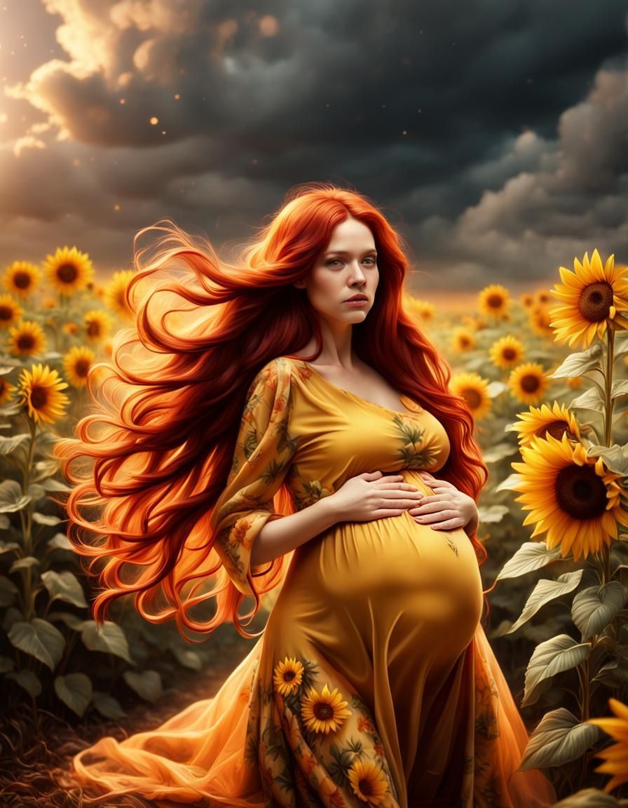 Pregnant Woman in Sunflower Dress: Digital Matte Painting