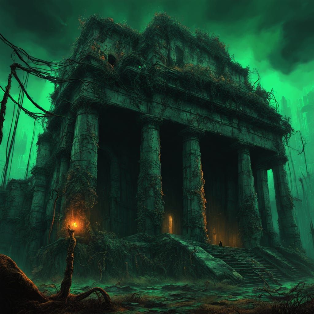 Biomechanical Medusa Coiled Around Ancient Ruins