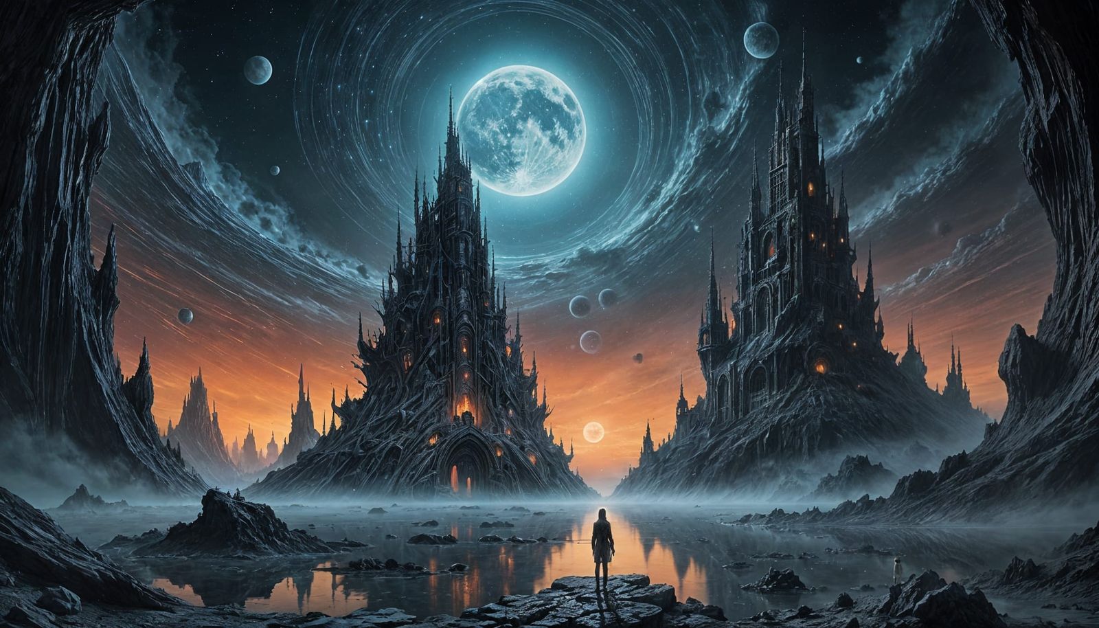 Figure Gazing at Shattered Moon in Cosmic Sea